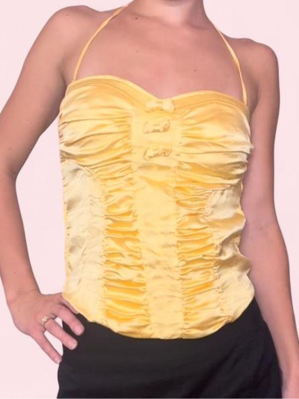 Y2K Bebe Yellow Silk Ruched Halter Corset Top